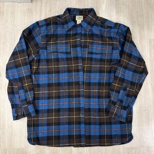 Vtg LL Bean Flannel Shirt Mens L Blue Scotch Plaid Button Down Hiking‎ Outdoor